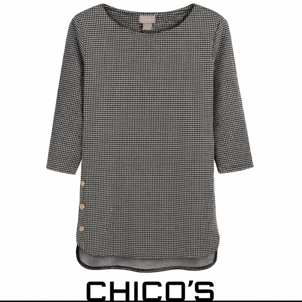 Chico's Houndstooth Blouse with three-quarter  sleeves and button detail